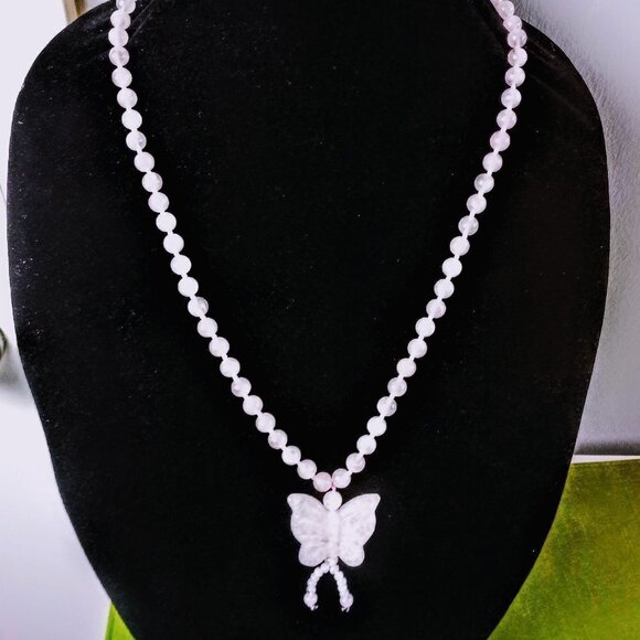 Rose Quartz Bead Necklace with Butterfly Pendant - Picture 2 of 8